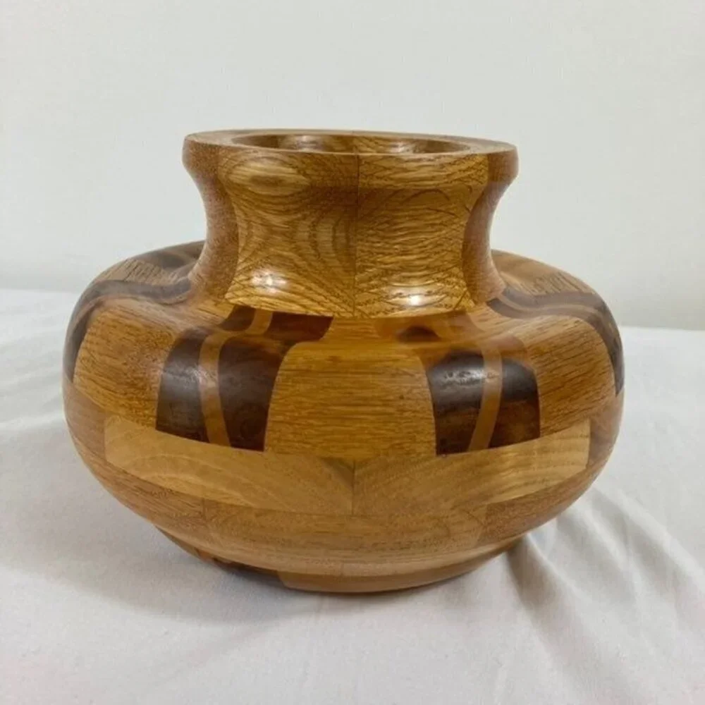 Vintage Mid Century Handcrafted Segmented Turned Wood Vase 6 x 9